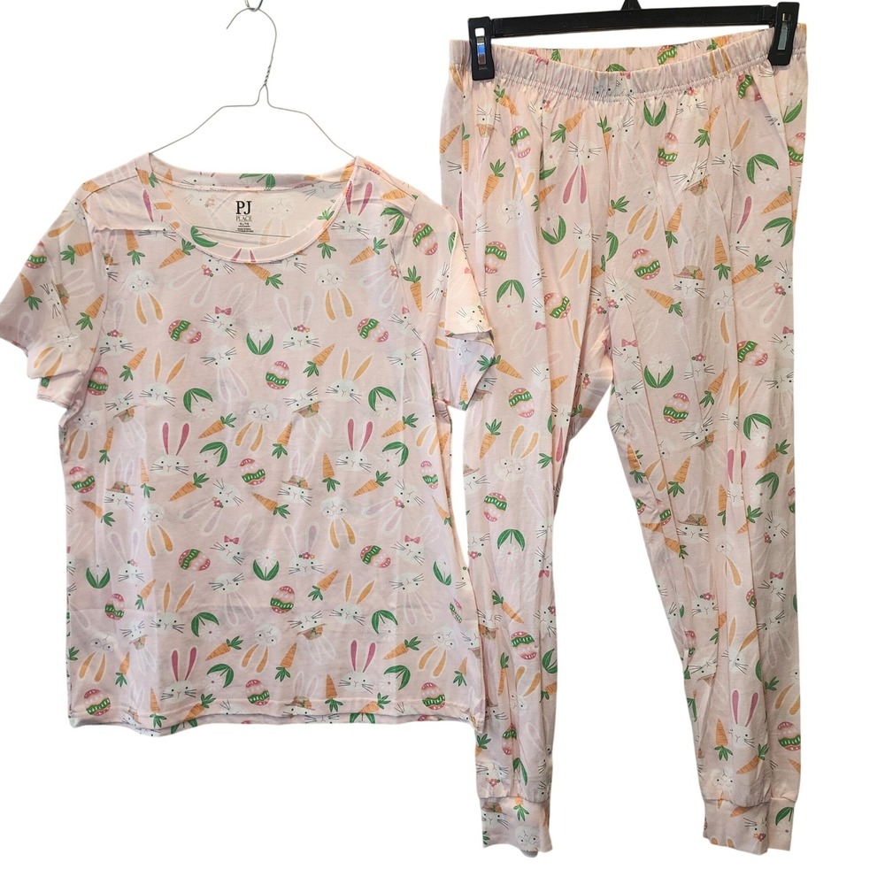 PJ Place Pajama Set Womens‎ XL Pink Bunny Easter Egg Cotton Sleepwear Lounge